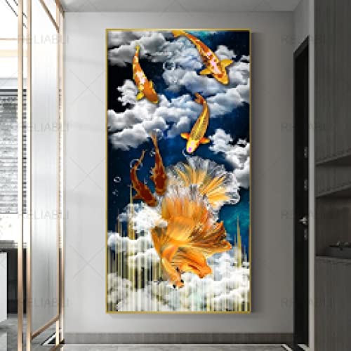 Art mural de coration tableau abstrait koi goldfish grand format 60x120cm imprime