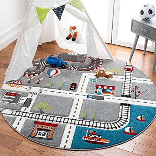 SAFAVIEH Carousel Kids Collection Area Rug - 3' Round, Grey & Ivory, Non-Shedding & Easy Care, Ideal for High Traffic Areas for Boys & Girls in Playroom, Nursery, Bedroom (CRK192F)