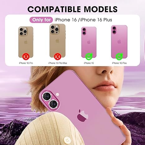 Image of for iPhone 16 /16 Plus Camera Lens Protector Bling Individual Metal Diamond Ring 9H Hardness Scratchproof Protector, Stylish Phone Accessories, Case Friendly (Pink Diamond)
