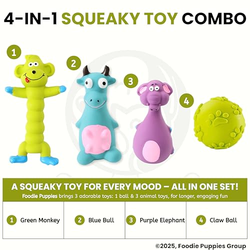 Image of Foodie Puppies 4-in-1 Combo of Latex Squeaky Toy for Small to Medium Dogs - (Green Monkey + Purple Elephant + Blue Bull + Claw Ball) | Non-Toxic, Soft Rubber, Interactive, Chewing, Fetch Play Toy