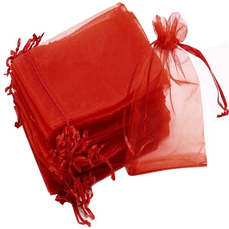 17X23 CMs Red Colour Plain Organza Return Gift Goodies Bags - Drawstring Brocade Pouches for Wedding Organza Bag Pouches - Pack of 100