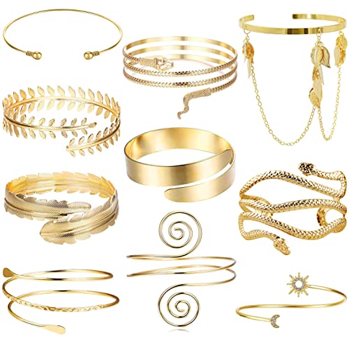 EIELO 6-10Pcs Arm Cuff Bracelets for Women Upper Arm Bands Snake Feather Armband Greek Goddess Filigree Swirl Boho Armlet Cuff Bangle Adjustable Golden/Silvery Arm Bracelet Set