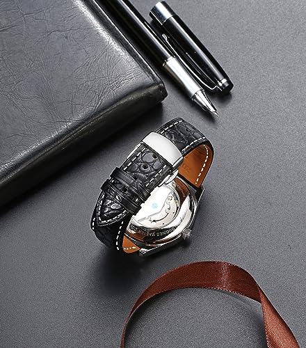Image of Moran Genuine Leather Band Alligator and Cowhide Replacement Deployment Buckle Watch strap18mm to 24mm Crocodile Leather Strap for Men's and Women's