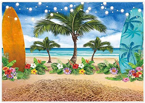 Allenjoy Toile de fond pour photographie, plage, océan, ciel bleu, bord de mer, planche de surf, palmiers tropicaux, bannière de décoration pour fête prénatale, studio photo 17.8 x 152 cm Cover