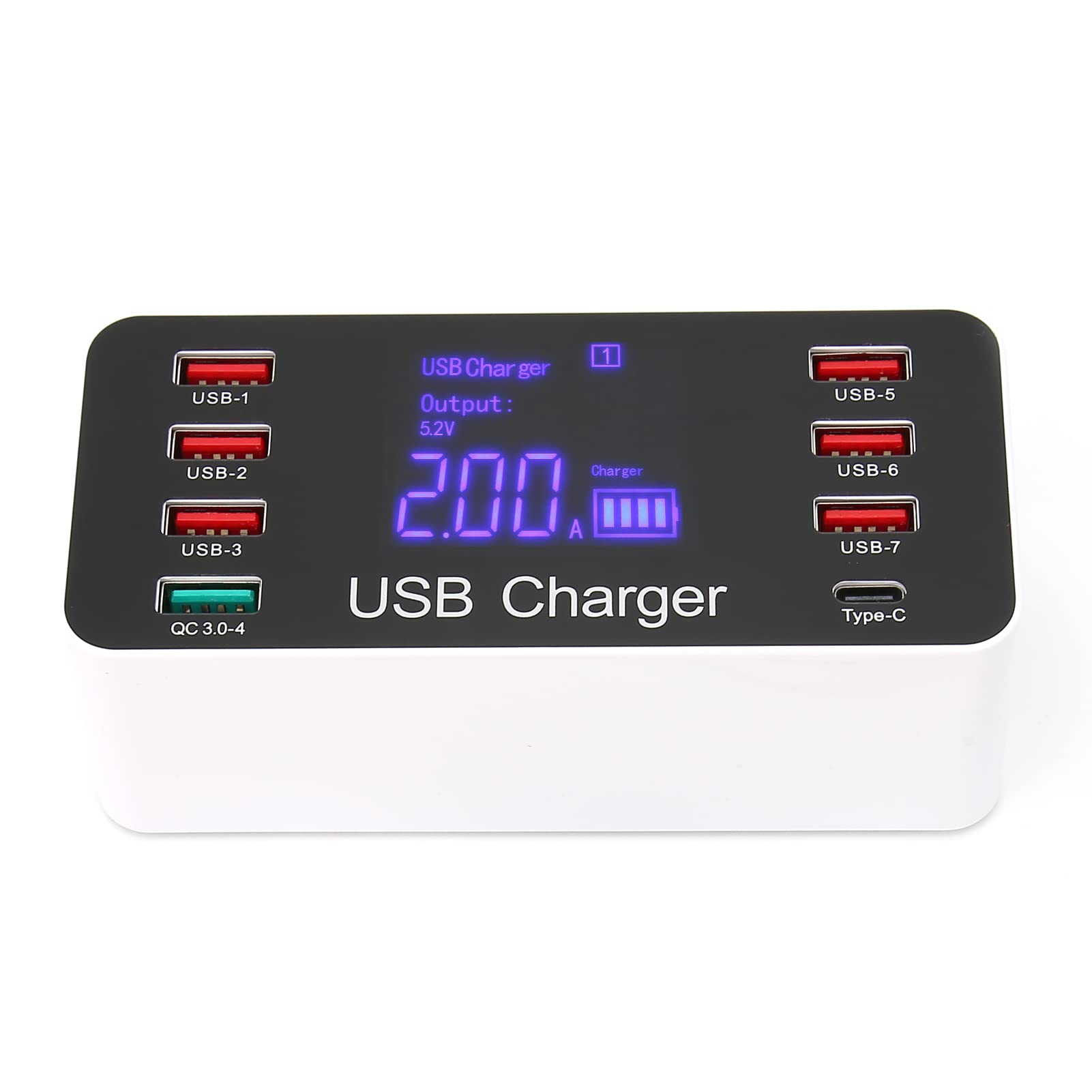 Annadue Cargador USB Hub de Puertos Múltiples, Estación de Carga de Escritorio de 8 Puertos y 40 W, con Pantalla LED, Puerto USB C, Carga Rápida QC 3.0, para Teléfono, Tableta,