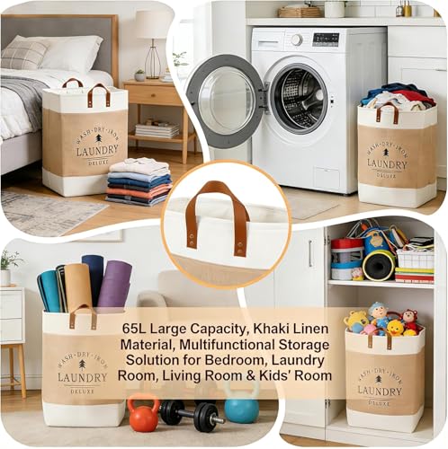 Image of 90L Large Laundry Basket, Collapsible Laundry Bag, Freestanding Tall Clothes Hamper, Foldable Washing Bin (Dark Blue) (White And Beige)