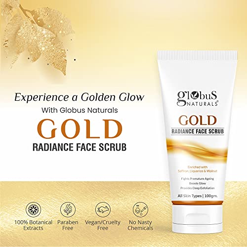 Image of Globus Naturals Gold Radiance Anti Ageing & Brightening Face Scrub Enriched with Saffron, Liquorice & Walnut, 100 gms