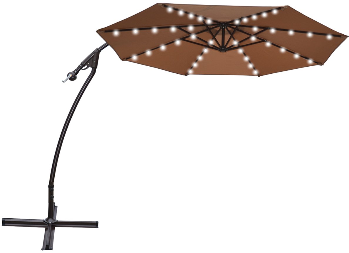 STRONG CAMEL 9' CANTILEVER SOLAR 40 LED LIGHT PATIO UMBRELLA OUTDOOR GARDEN ALUMINIUM MARKET-TAN