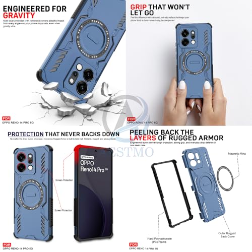 Image of AESTMO Back Case Cover for Oppo Reno 14 Pro 5G | Magnetic Case with Built-in Metal Ring | Compatible with MagSafe Accessories | Shockproof Hybrid (PC + TPU) (Blue)