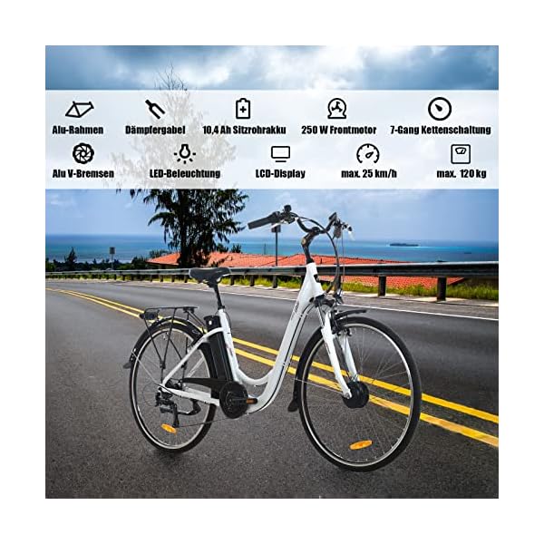 ProTour E-Bike für Damen Herren, 28 Zoll, Elektrofahrrad E-Citybike RC820, 10,4Ah Akku, 250W Frontmotor, 7-Gang Shimano Kettenschaltung, 25 km/h, mit Gepäckträger, Tiefeinsteiger, Alu-Rahmen leicht – Bild 3