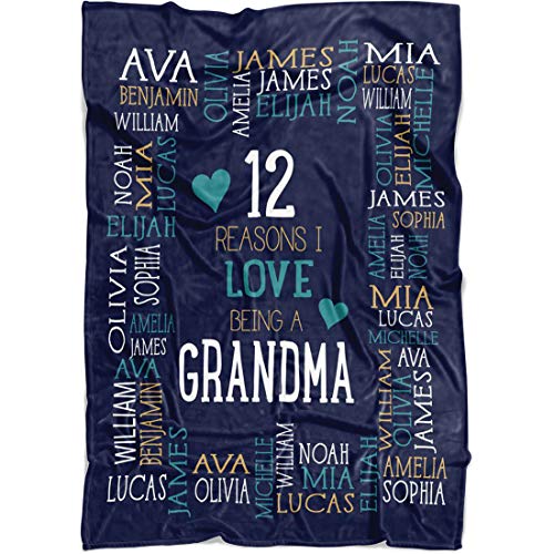 Yeh Gift Personalized Grandma Blanket Throw. Reasons I Love Being a Grandpa Grandma Papa Mommy Nana. Customized Blanket for Grandparent with All Names in for Birthday (Navy, Fleece)