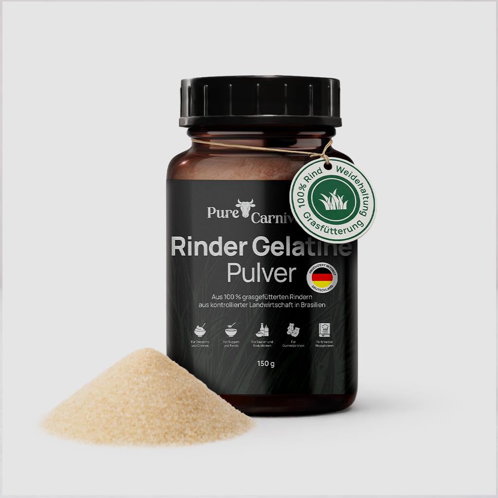 Rinder Gelatine Pulver [150g] – 220 Bloom – im Braunglas – hoher Kollagenanteil – 100% rein & geschmacksneutral – zuckerfrei & glutenfrei – abgefüllt in Deutschland