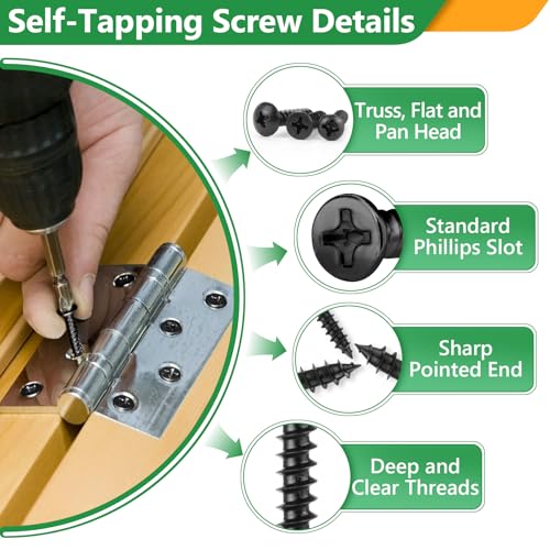 Lukaisen LK-260 Pieces Phillips Pan Head Self-Tapping Screws, Wood Screws Assortment Kit, Black Carbon Steel, M3/M4/M5/M6 Flat Head & Round Head Self Tapping Screws Assortment Set thumb #3
