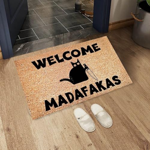 Wanjorlay 1 Stück „Dark Cat Welcome Madafakas“-Fußmatte mit Volldruck, Heimdekoration, Küche, Badezimmer, Dekoration für Menschen, Lustige Geschenke, Lustige Fußmatte