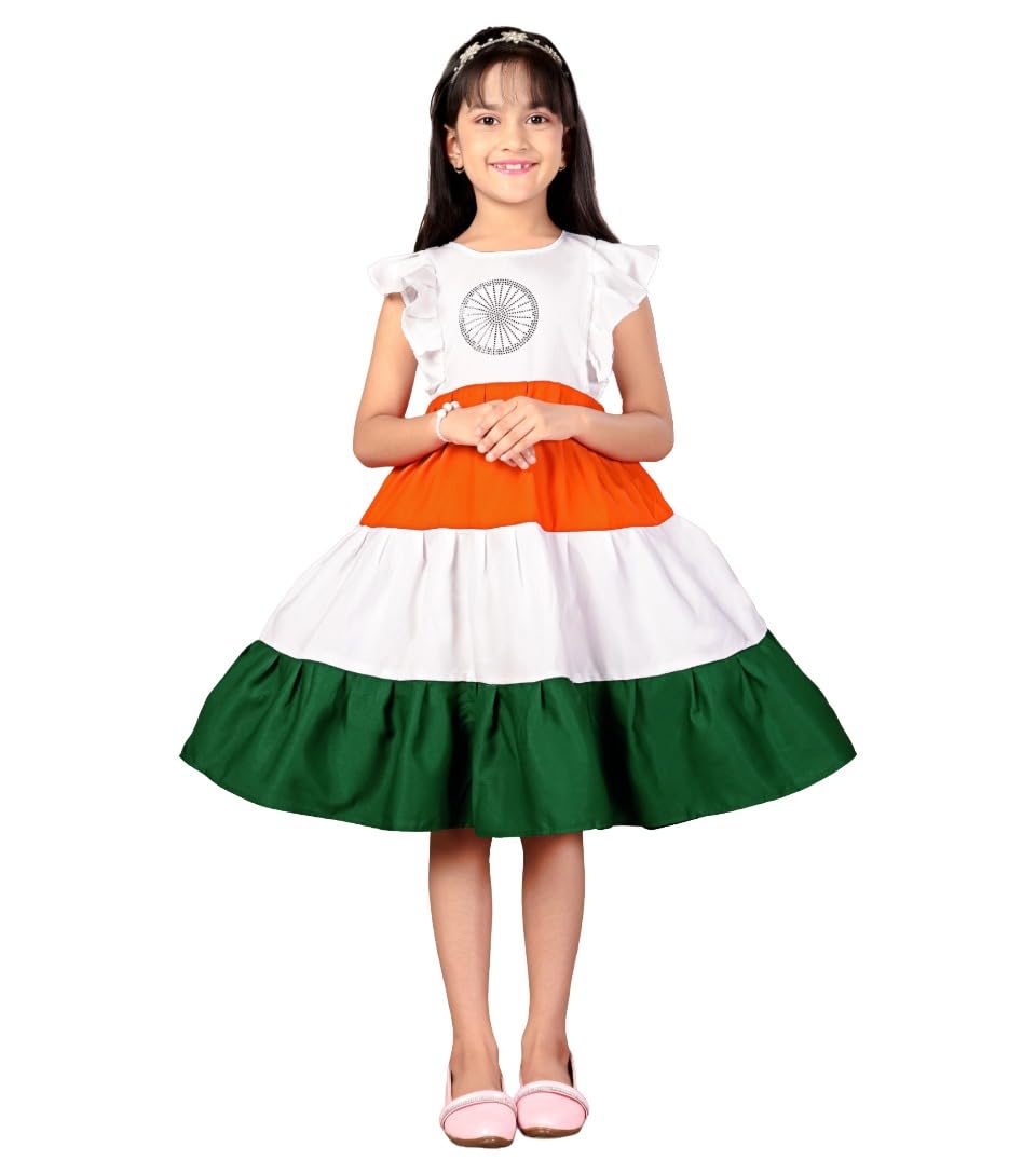 Girls Tricolour Tiered Frock with Ashoka Chakra Embellishment | Independence Day Wear, Ruffle Sleeves, Tricolour Design, Tiered Skirt, Kids Festive Dress-image-11