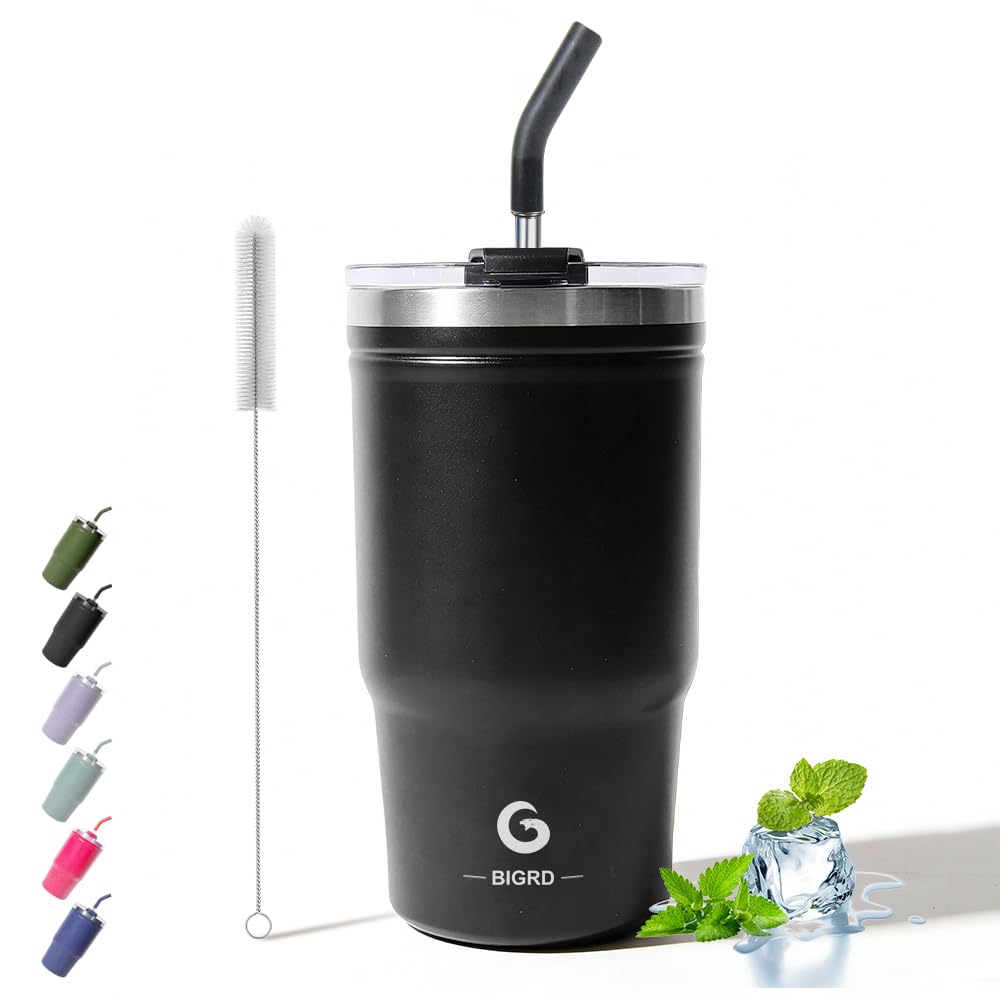 BIGRD 20oz Insulated Coffee Cup Travel Mug with Straw and Lid 591ml,Leak Proof Stainless Steel Office Water Bottle Keeps Cold and Hot for 8 Hours,Black