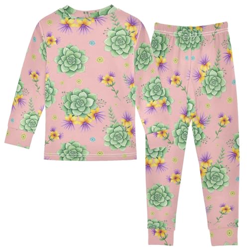 Pajama Sets Long Sleeve Succulent Floral Pattern Print Soft Comfy Sleepwear 2 Piece PJS 3-8T3