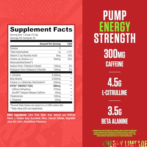 Image of RYSE Loaded Pre Workout Powder - Kool-Aid Cherry Limeade - Daily Pre-Workout for Men & Women with 300mg Caffeine, Beta Alanine, and Citrulline for Pump, Focus, and Energy - 30 Servings