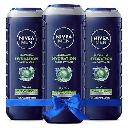 Nivea Men Maximum Hydration Body Wash for Dry Skin, Aloe Vera Enriched, 3-in-1 Moisturizing Body Wash, Face and Hair, Paraben Free, Vegan Formula, 16.9 Fl Oz Bottle, Pack of 3