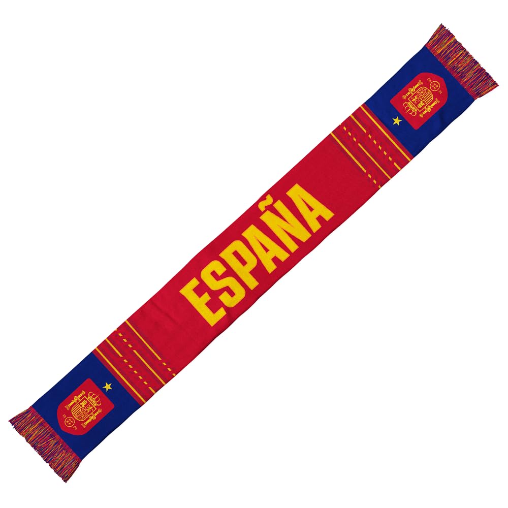 RFEF SPAIN SCARF 2026 – Official Scarf of the Spanish National Team – Red Design with Blue Bands, "SPAIN" in Yellow, RFEF Shield and Multicoloured Fringes