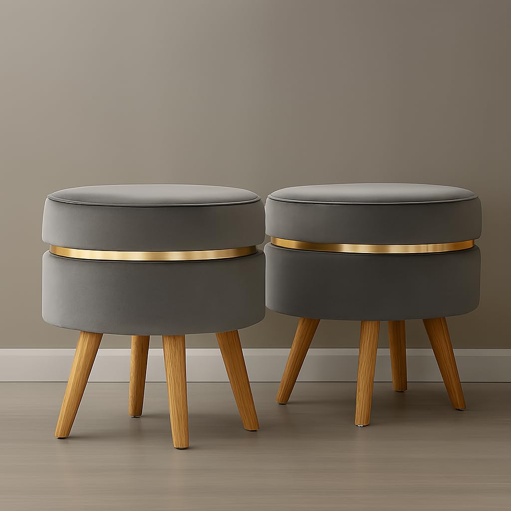 ABSARS Designer Velvet Set of Two Ottoman with Gold Accent & Solid Wood Legs – Multipurpose Seating, Footrest, Side Table & Statement Decor for Living Room, Bedroom, Lounge & Entryway (Grey)