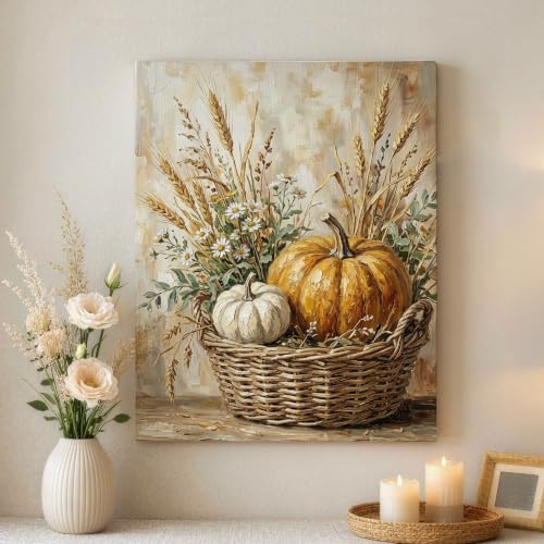 Lienzo decorativo para pared con calabazas y cesta de trigo para decoración de hogar
