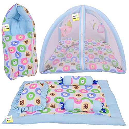 Image of Kwitchy New Born Baby Bedding Combo of Mattress with Net | 4 Pcs Gadda Set (0-6 Months) Blue (3PCS Set)