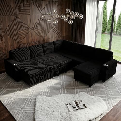 Image of Sleeper Sectional Couch, Sleeper Sofa Bed with Pull Out Bed, Oversized Corduroy Couch for Living Room, Bedroom and Apartment, Modular Corner Sofa with Storage, Black