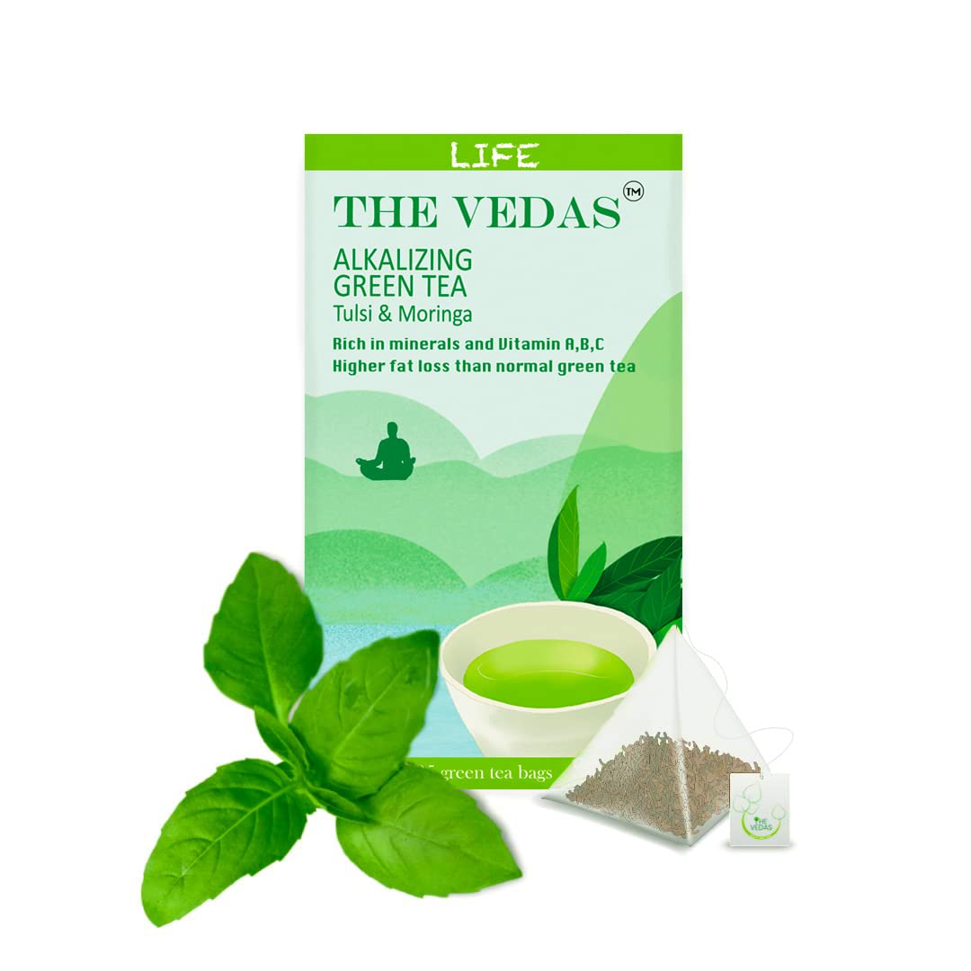 THE VEDAS Alkalizing Green Tea Rich in Vitamin C & Minerals, Helps in Weight Management Tulsi Moringa, Contains 50 Pyramid Shaped Tea Bags - (Pack of 2)
