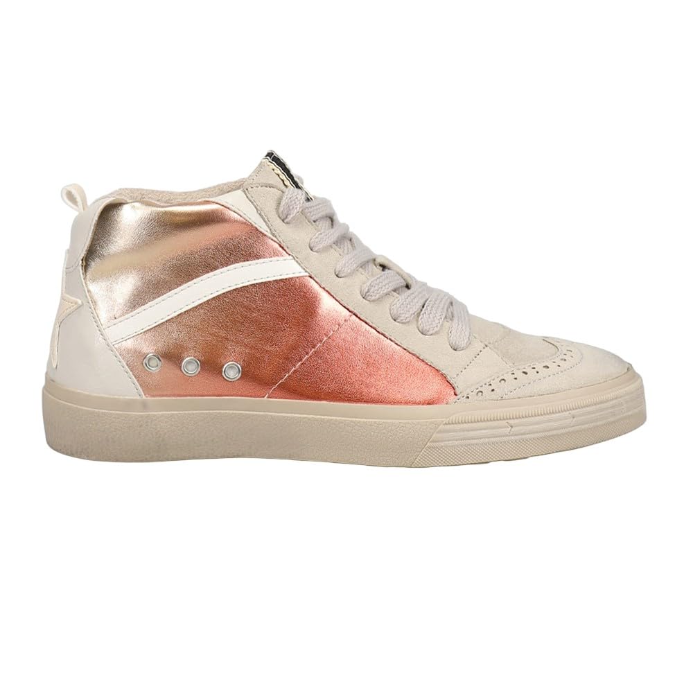 SHUSHOP Womens Riley Metallic High Lace Up Sneakers Shoes Casual - Beige, Pink - Size 8 M