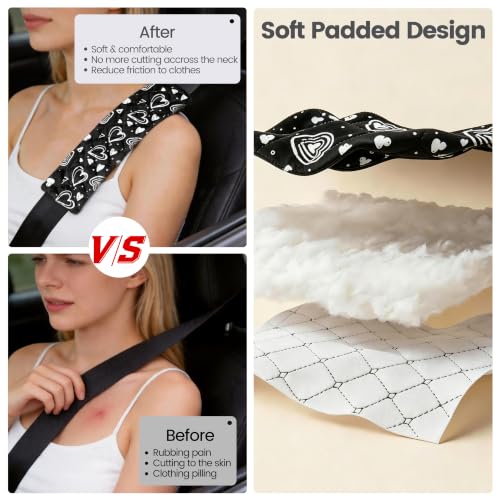 Image of Amooca Soft Auto Seat Belt Cover Seatbelt Cushions Shoulder Pad 2 PCS for a More Comfortable Driving Compatible with All Cars and Backpack Cute Black Heart