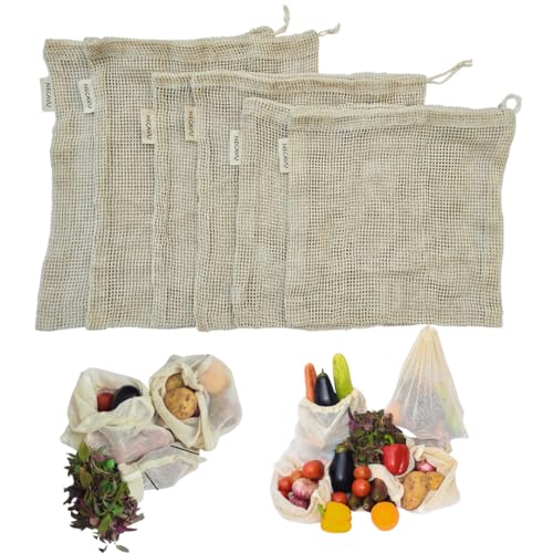 NECAVU 100% Cotton Set of 6 Fridge Drawstring Bags | Eco-Friendly Natural Vegetables Storage Mesh Net for Fridge | Multi-Purpose Cotton Mesh Bag (Natu