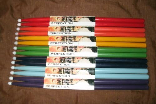 7 PAIR Perfektion Colored Nylon Tip Drum Sticks Medium Rock Size - "Colors of the Rainbow Pack"Red, Orange, Yellow, Green, Dark Blue, Light Blue, Purple (1 pair each color)