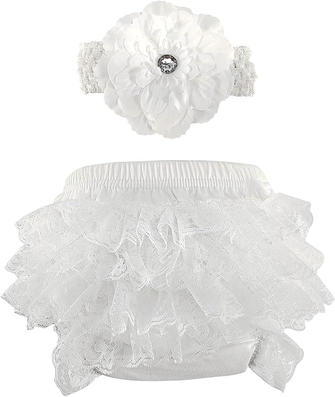 EQLEF Rüschen Bloomers Lace Windel Cover Frilled Knickers Mädchen Stirnband Set für Baby Fotografie Prop Kostüm (Weiß)