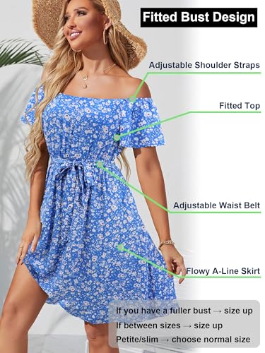 Image of Off Shoulder Ruffle Dress for Women, A-Line Mini Dress with Belt, Fitted Bust Summer Wedding Guest Dress