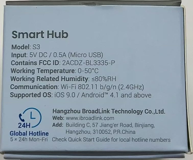 Bottom of the BroadLink Smart Hub S3 packaging box showing model number, input voltage, FCC ID, working temperature, humidity, communication type, and supported operating systems.