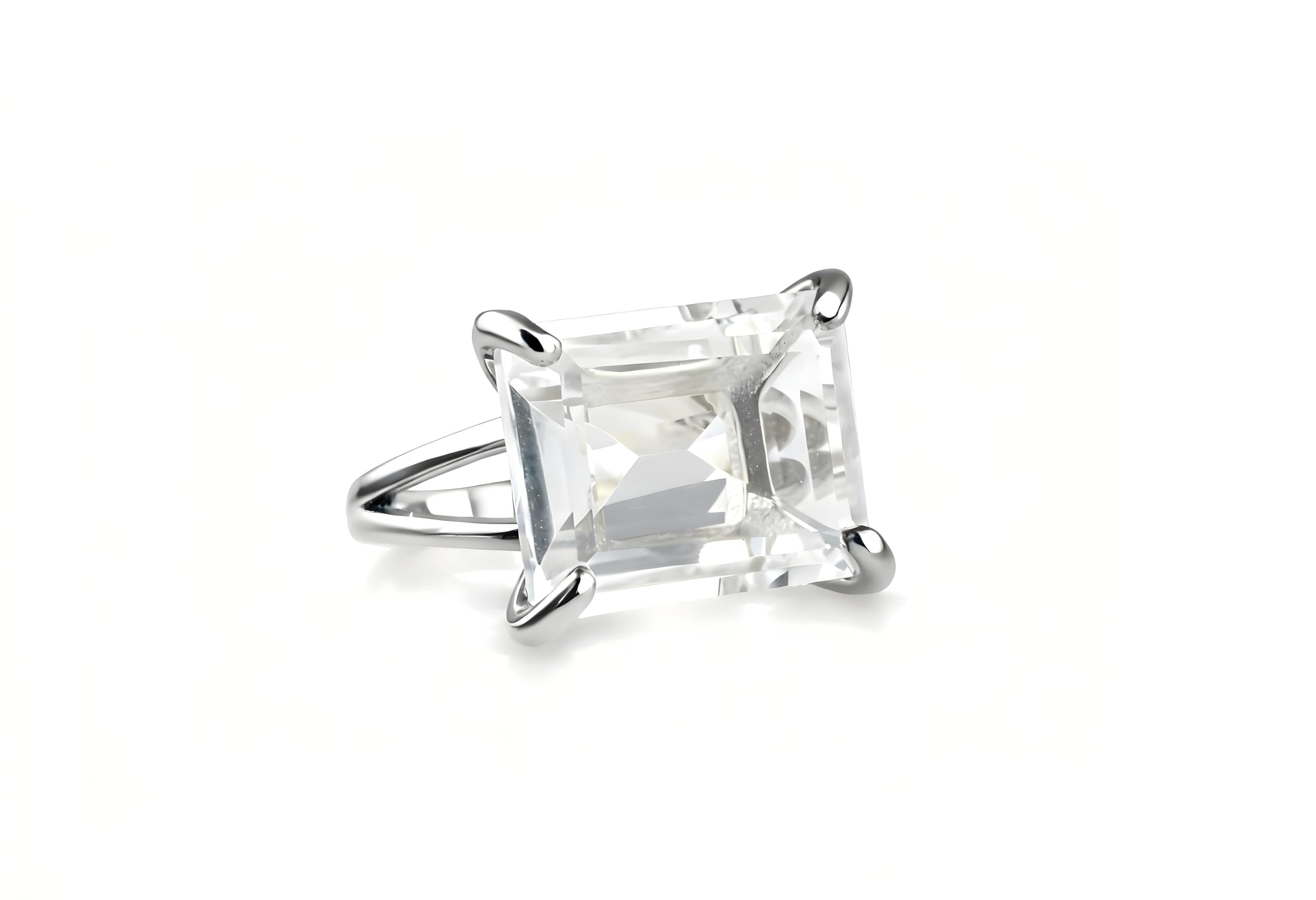 Sofisticado Anillo de Cuarzo Transparente de 13x18mm - Anillos de Piedra Preciosa Corte Esmeralda en Plata de Ley - Anillos de Joyería de Moda y Mejores Regalos para Mujer