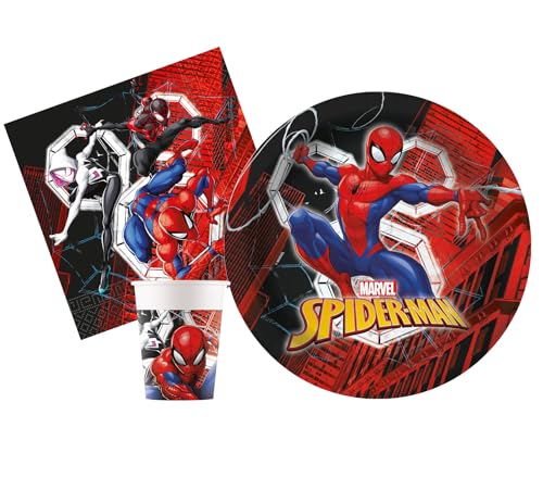 Kit Vaisselle de Fête Marvel Spider-Man World of Webs pour 8 personnes (36 pcs: 8 assiettes Ø23cm, 8 gobelets 200ml, 20 serviettes 33x33cm) en papier FSC compostable eco-friendly