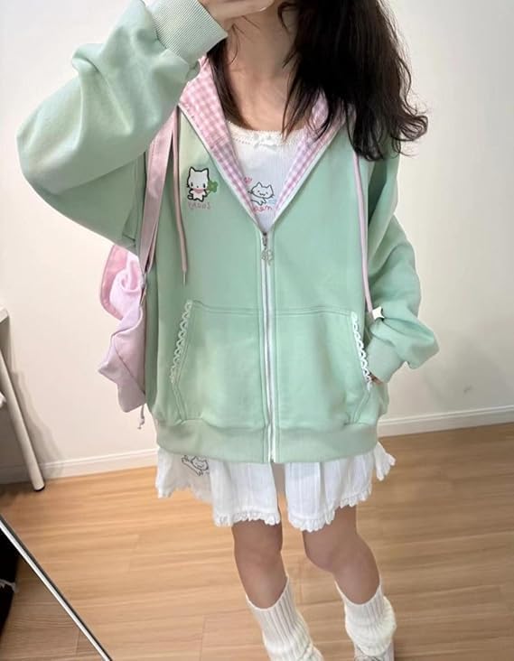 Women's Y2K Zip-Up Hoodie Oversized Streetwear Cat Ear Cute Cartoon Graphic Harajuku Kawaii Sweatshirt - Image 4