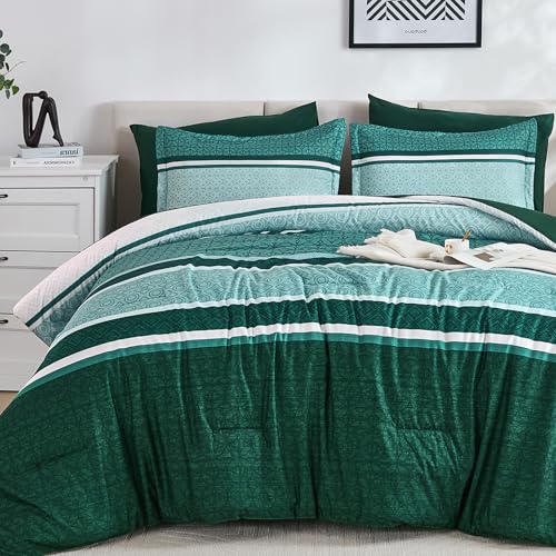 WONGS BEDDING 7 Pieces Comforter Set Queen Size, Green Striped