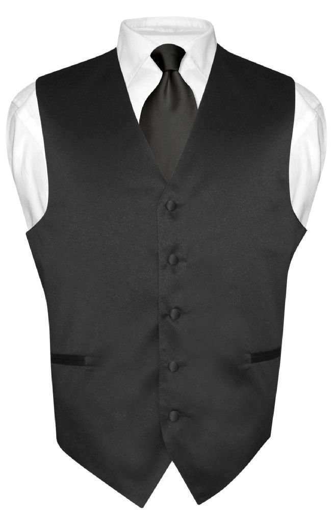 Men's Dress Vest & NeckTie Solid BLACK Color Neck Tie Set for Suit or Tuxedo