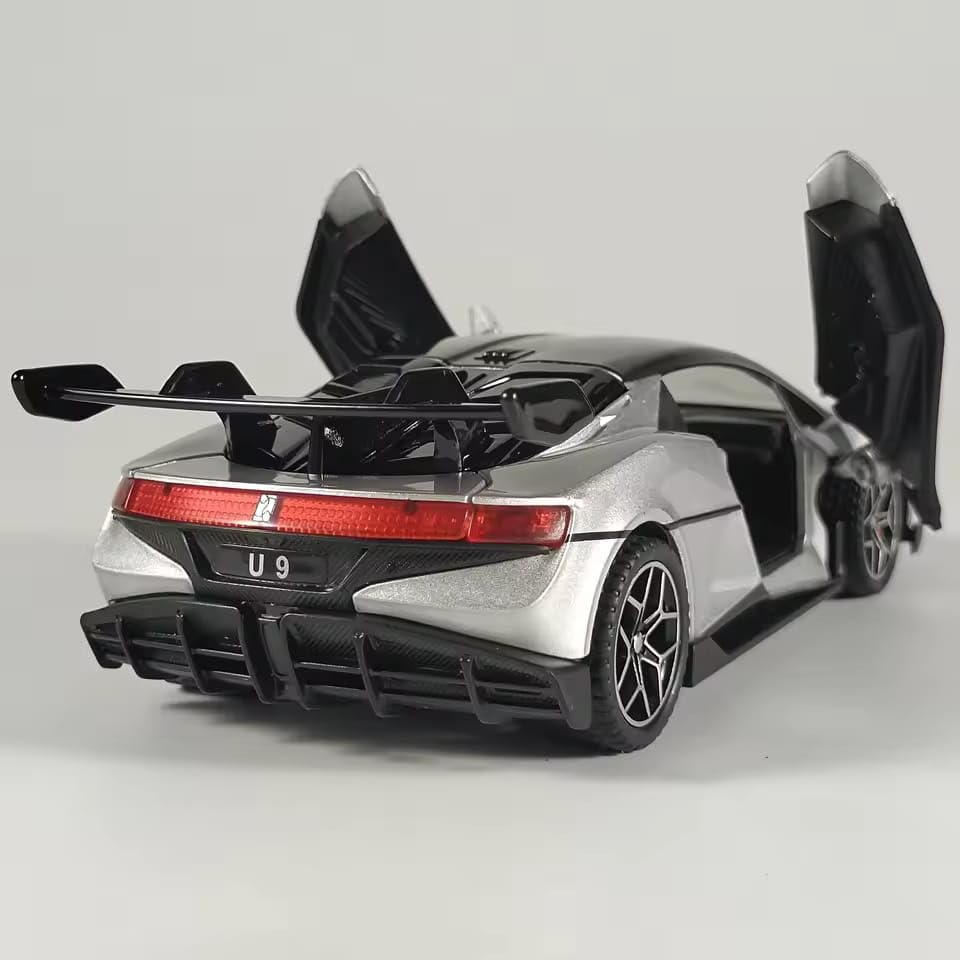 Image of 1:32 Scale Die Cast BYD U9 Sports Car Model, Silver | Metal Body, Pull Back Toy Car, Openable Doors, Realistic Design, For Kids & Collectors