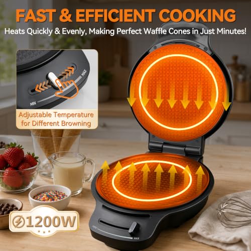 Image of Baker's Friend Waffle Cone Maker Machine with Browning Control, 7.5 inch Ice Cream Cone Maker, Cone Roller & Bowl Press Included,Thin Waffle Maker Crispy, Nonstick Waffle Bowl Maker,Graphite