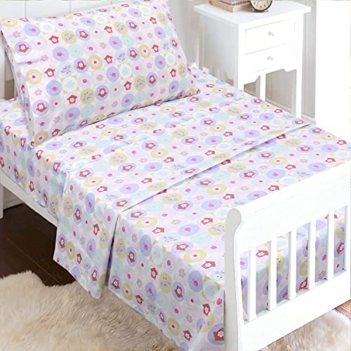 Image of Cozy Line Home Fashions 100 Cotton 3 Piece Toddler Sheet Set, Soft Breathable Crib Bedding Set for Girls Includes a Flat Sheet, a Fitted Sheet, a Pillowcase, Spring Floral Bloom Geometric Garden Pink