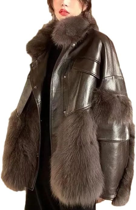 Women's Imitation Plush Leather Lapel Jacket Single Breasted Splicing Thickened Long Sleeve Coat