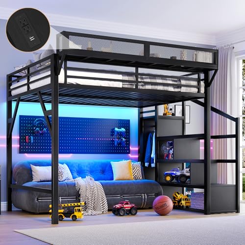 Bellemave Queen Loft Bed Frame with Storage Stairs, Beside Shelf & Wardrobe, Metal Queen Size Loft Bed with USB Ports & LED Light, Large Under-Bed Space Loft Beds for Adults, Teens, Kids, Black