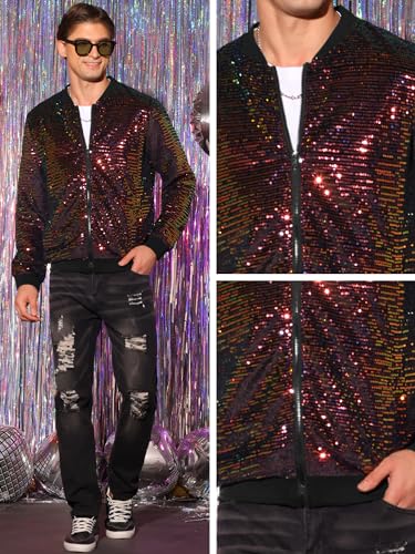 Lars Amadeus Sequin Jacket for Men's Zipper Long Sleeves Party Disco Shiny Bomber Jacket4