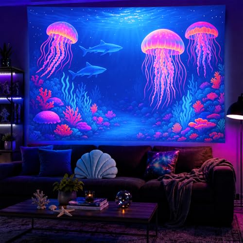 Image of BlissYard Neon Jellyfish Sharks Black Light Tapestry UV Reactive Underwater Ocean Wall Hanging for Living Room Bedroom Dorm Room Bar Party Cool Decor 78x59 Inch