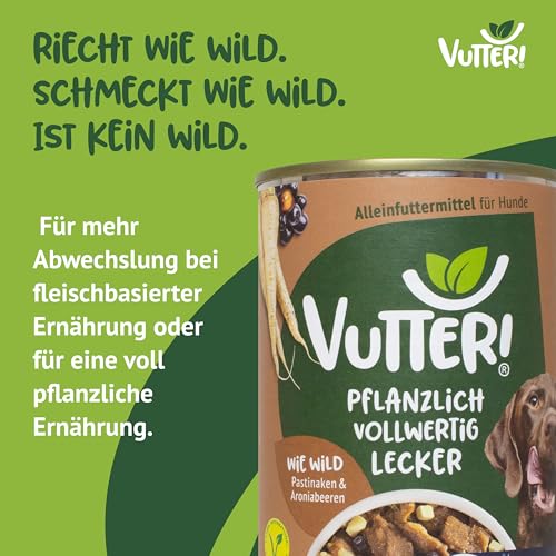 VUTTER Nassfutter Wie Wild, 12x400 g: Hundefutter Vegan - Alleinfutter für Hunde - Fleischähnlich für hohe Akzeptanz - Sojaprotein für Muskeln, Zink für Haut & Fell, Kalzium für Zähne & Knochen