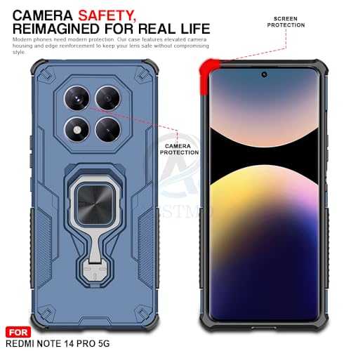 Image of AESTMO Armor Back Cover for Redmi Note 14 Pro /Poco X7 5G | Ring Holder & Kickstand & Camera Protection in-Built | 360 Degree Protection Back Case Cover (Blue)